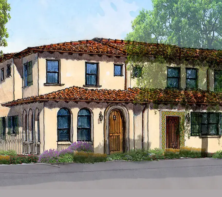 Charming Mediterranean-style house with terracotta roof, lush greenery, and vibrant flower garden.