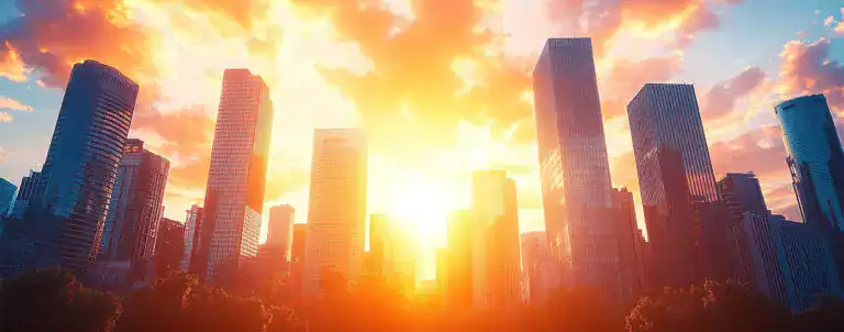 Modern downtown skyscrapers with sunset glow, city skyline, and financial district atmosphere.