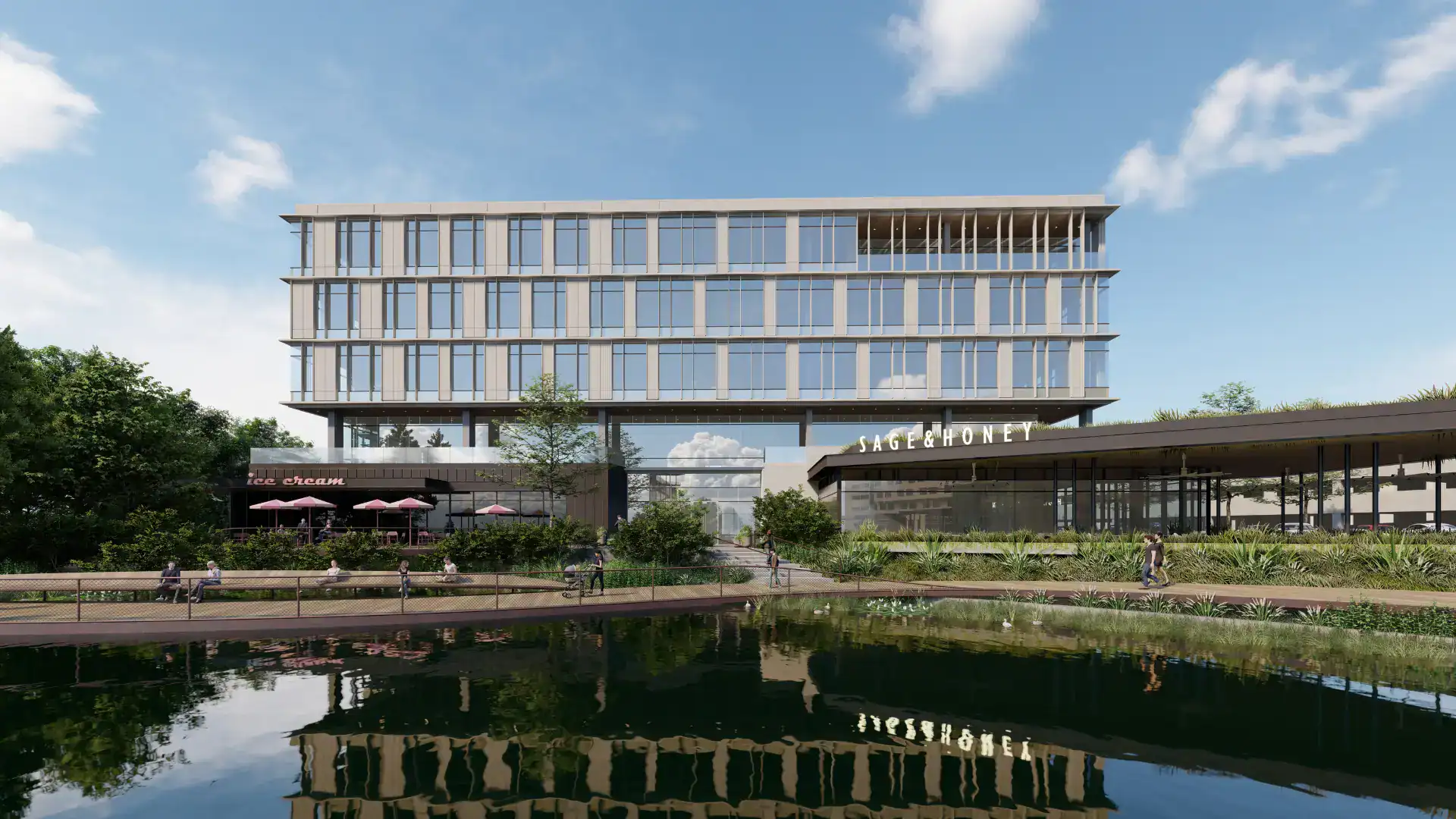 Modern mixed-use building with retail and office spaces at Bayview PACE.