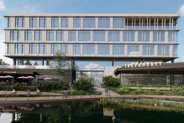 Modern mixed-use building with retail and healthcare facilities at Bayview PACE, emphasizing senior care and community services.