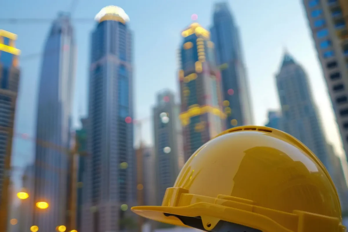 Yellow helmet of the architect with blurred skyscrapers in the background , stock photo --ar 16:9 --style raw Job ID: 81b477ae-9275-40b2-bbfb-0fe9f14b8502