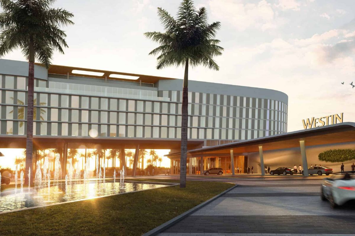 Modern luxury Westin hotel with palm trees and water fountain, sunset lighting, appealing for travelers.