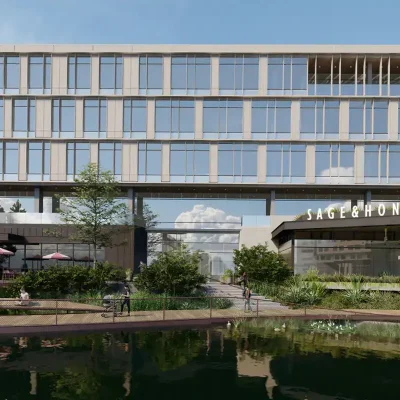 Modern mixed-use building with retail and healthcare facilities at Bayview PACE, emphasizing senior care and community services.