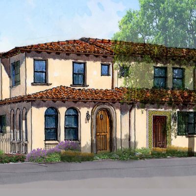 Charming Mediterranean-style house with terracotta roof, lush greenery, and vibrant flower garden.