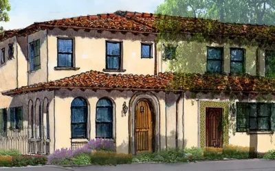 Charming Mediterranean-style house with terracotta roof, lush greenery, and vibrant flower garden.